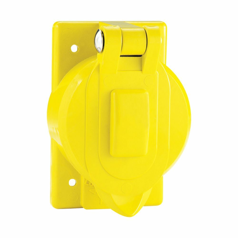 Eaton lift lid cover, Self-closing, Used with 50A locking, Surface mount, Yellow, Standard receptacle, Wet, Glass-filled nylon, Single-gang, Vertical