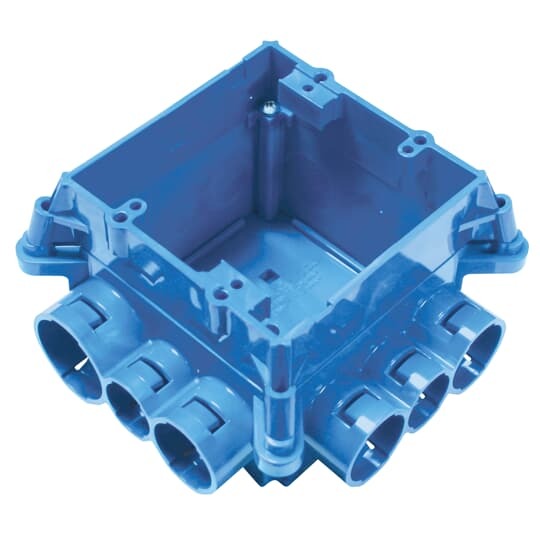 Non-metallic mud box with two gang ring and 12 integral connectors. 44.0 Cubic Inch Capacity.