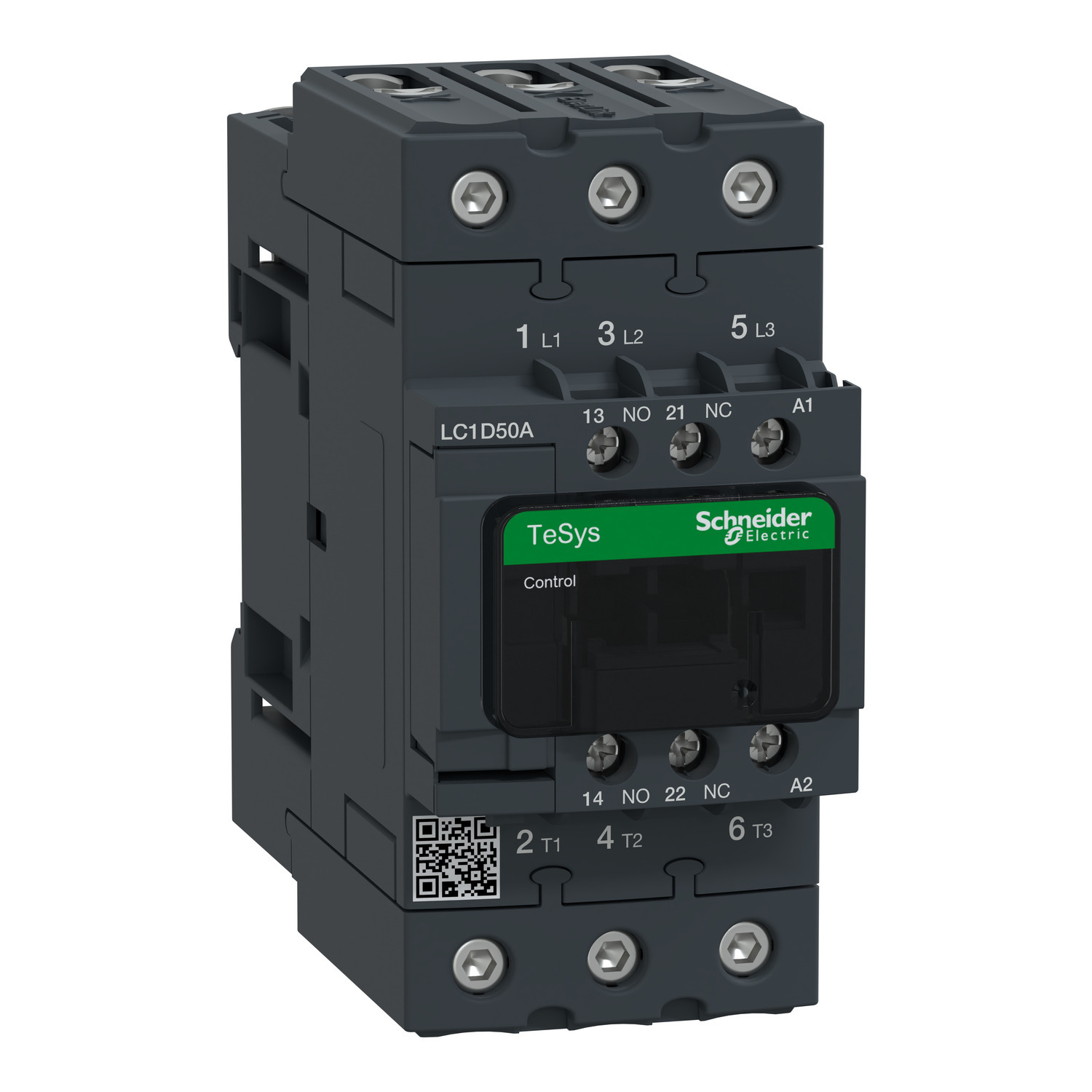 IEC contactor, TeSys Deca, nonreversing, 50A, 40HP at 480VAC, up to 100kA SCCR, 3 phase, 3 NO, 220VAC 50/60Hz coil, open