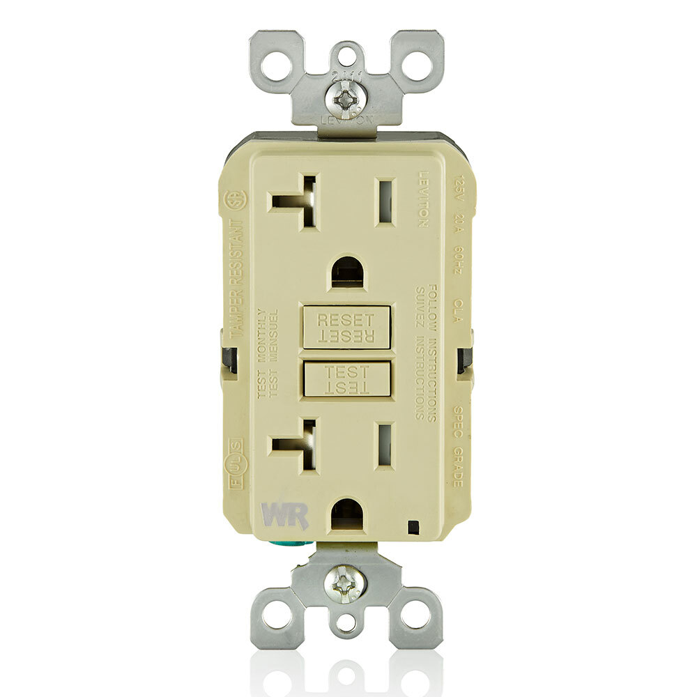 Self-Test Tamper Resistant, Weather Resistant GFCI Receptacle. Nema 5-20R 20A-125V At Receptacle, 20A-125V Feed-through - Ivory With Ivory Test And Reset Buttons