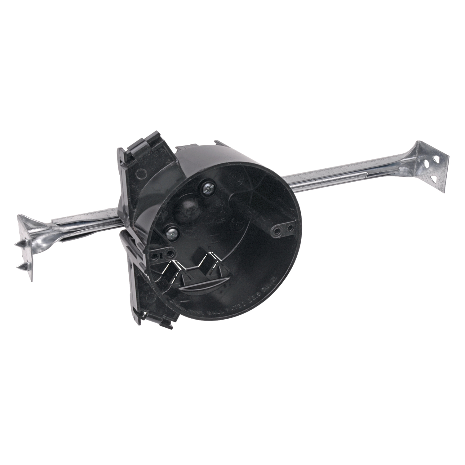 Round Ceiling Box, Volume 22.5 Cubic Inches, Diameter 4 Inches, Depth 2-1/2 Inches, Color Black, Material Polycarbonate, Mounting Means 16 Inch Bar Hanger 12-1/4 Inch Minimum to 19 Inch Maximum, with V Clamp