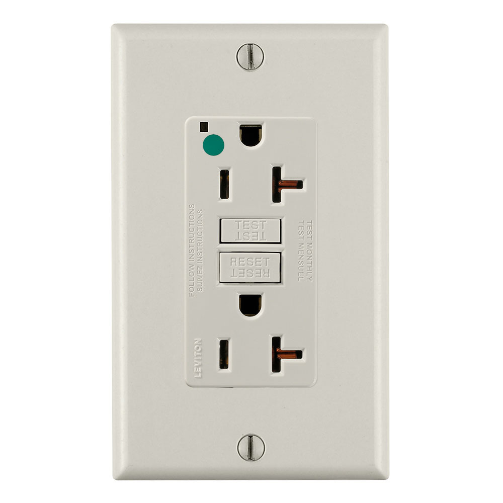 20 Amp, 125 Volt, SmartlockPro Slim Self-Test GFCI Receptacle, Extra-Heavy Duty Hospital Grade, NEMA 5-20R, 20A Feed-Through, 2P, 3W, Matching Wallplate Included - LIGHT ALMOND