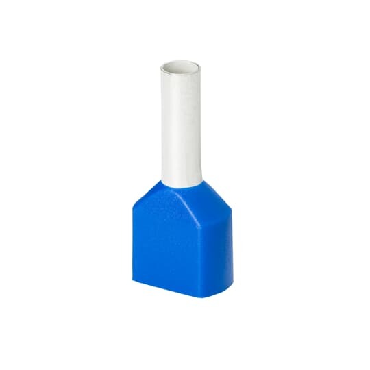 Polypropylene Insulated Twin Ferrule, Length 0.787 Inch/18.5mm, Pin Length 0.394 Inch/10mm, Pin Diameter 0.114 Inch/2.9mm, Base Diameter 0.295 Inch/7.5mm, Conductor Range 2x14 AWG/2x2.5mm2, Color Blue, Copper, Tin Plated
