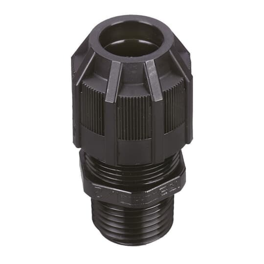 Liquidtight Strain Relief Connector, Straight, 1 Inch NPT Thread, Cable Range 0.700 Inch/17.8mm to 0.950 Inch/24.1mm, IP65 Rating, UV Resistant Polyamide 6.6 Body, Black