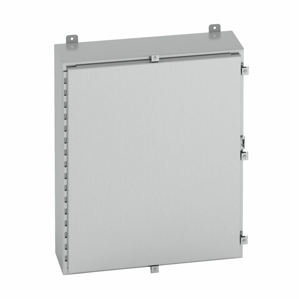 Eaton B-Line series wall mounted panel enclosure, 30" height, 8" length, 30" width, NEMA 4X, Hinged cover, 4XSS6 enclosure, Wall mount, Medium single door, External mounting feet, 316 stainless steel, Seamless poured in-place gasket