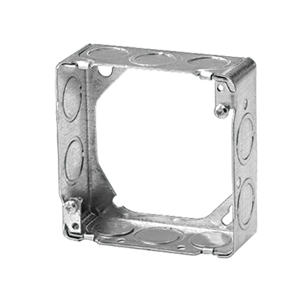 Square Box Extension Ring, 29.5 Cubic Inches, 4-11/16 Inches Square x 1-1/2 Inches Deep, 1/2 Inch and 3/4 Inch Knockouts, Pre-Galvanized Steel, Welded Construction, For use with Conduit