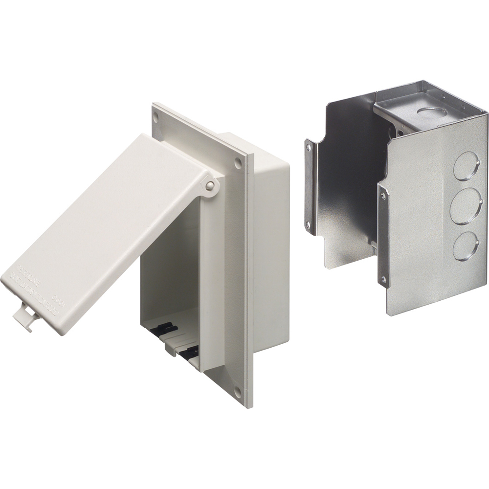 Low profile Inbox with metal box for flat surface retrofit construction. With weather proof while in use Extra Duty clear cover. Vertical.