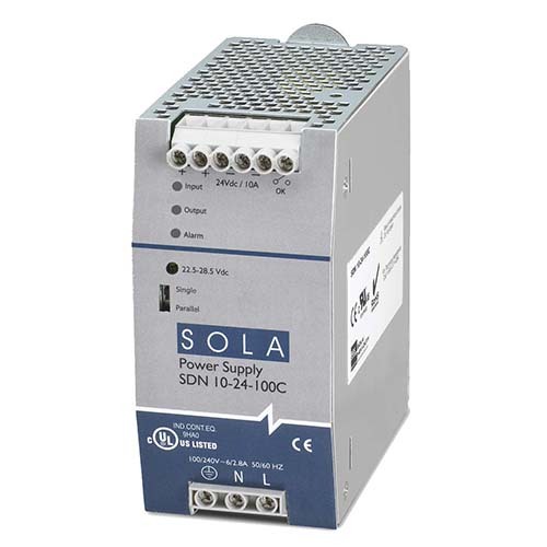SDN-C Series Compact DIN Rail Power Supply, Nominal Output Current: 10 A (240 W), Nominal Voltage Input: 380/480 Vac, Nominal Voltage Output: 24 V, Frequency 50/60 Hz, Three Phase