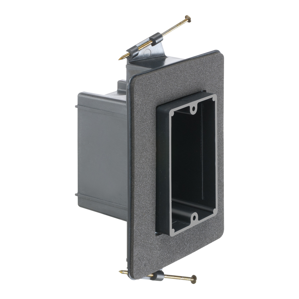 Versatile non conductive outlet box for new construction, single gang screw on. 22 cu inches.
