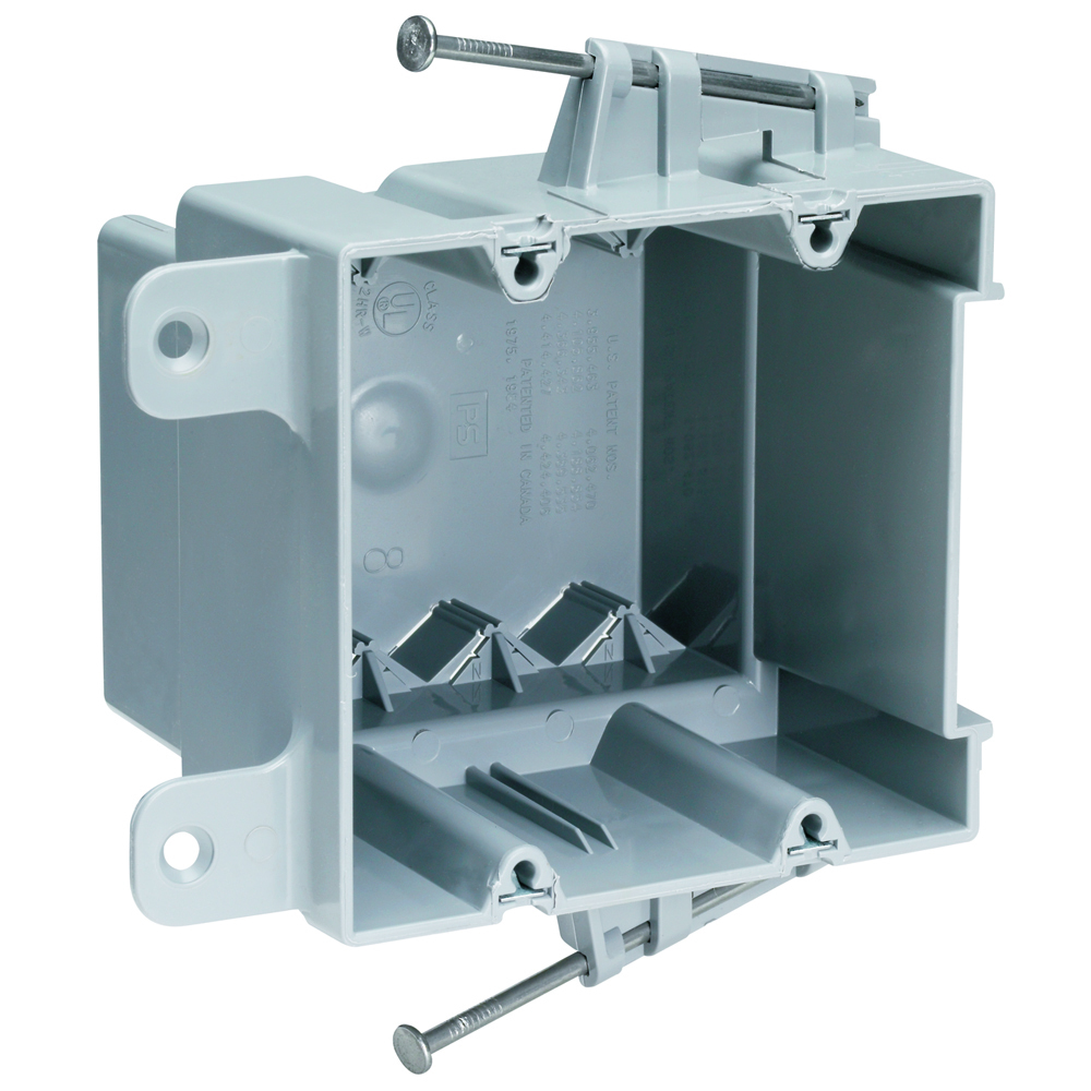 Double Gang Switch and Outlet Box with captive mounting nails on each end and four auto alamps on each end. It is easy toinstall with a rectangular cutout. It is durable and hasanimpact-resistant thermoplastic box. It contains innovative extras that cut installation time. 50 pack