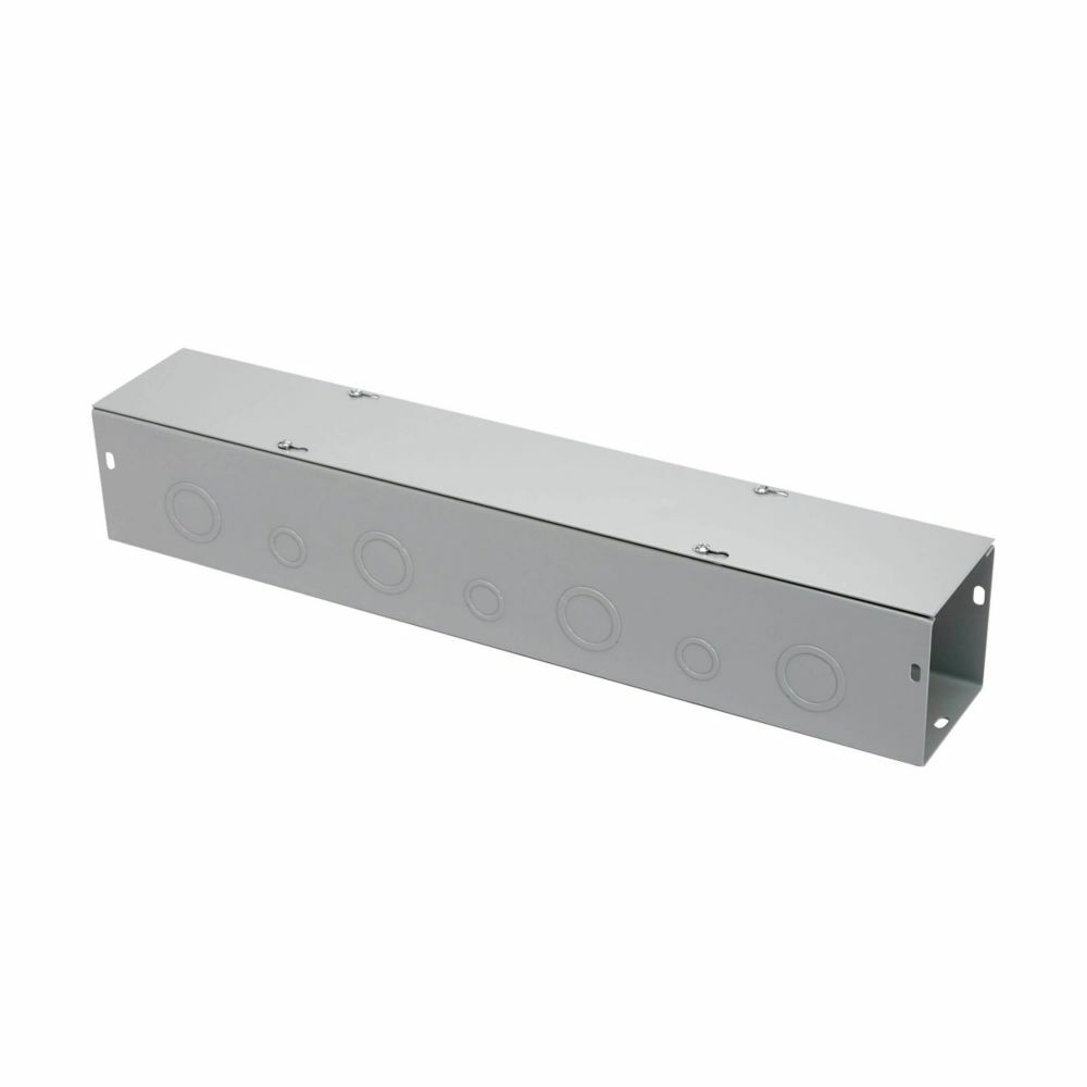 wireway, 4" height, 24" length, 4" width, G wireway, Thru holes, 7 top knockouts, 7 bottom knockouts, Screw cover, NEMA 1, Steel, Plated screws, ANSI 61 gray, 16 gauge