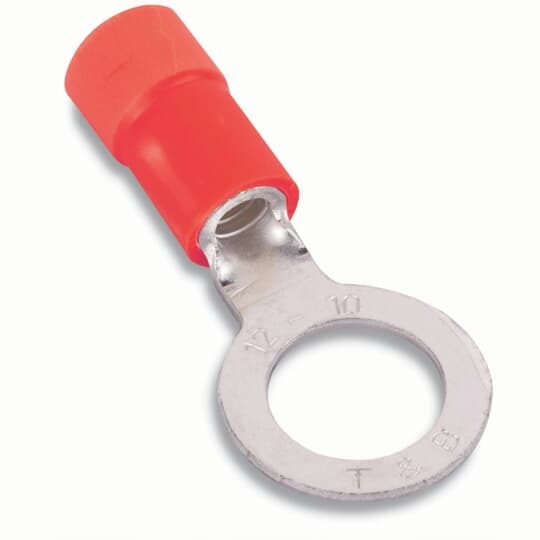 Expanded Vinyl-Insulated Ring Terminal, Length .97 Inches, Width .31 Inches, Maximum Insulation .170, Bolt Hole #8, Wire Range #22-#18 AWG, Color Red, Copper, Tin Plated