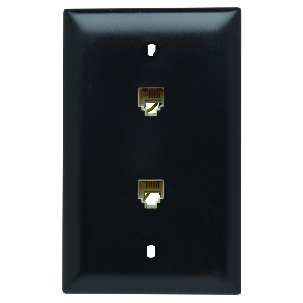 Single gang, two modular four conductor RJ11 telephone jacks with wall plate. Black.
