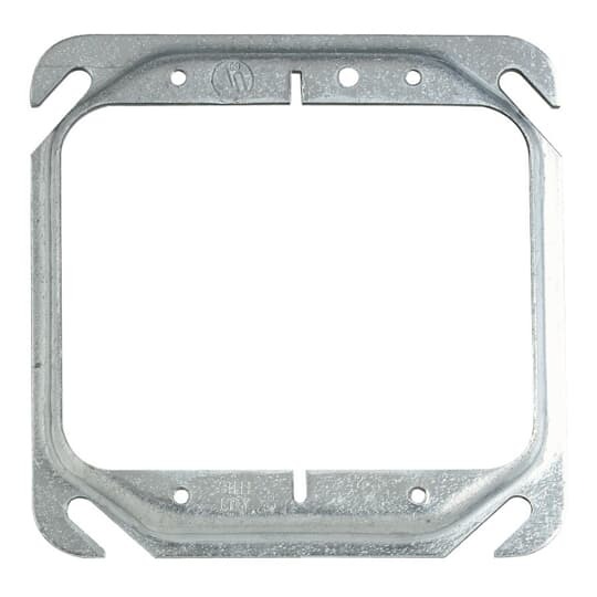 Two Gang Square Device Cover, 2.3 Cubic Inches, 4 Inch Square x 1/4 Inch Raised, Pre-Galvanized Steel, For use with Dry Wall