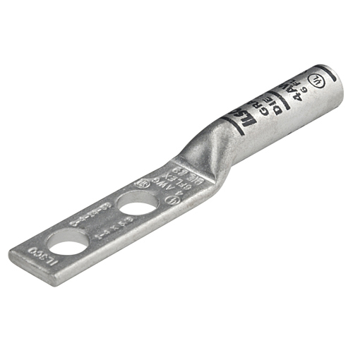 Surecrimp Copper Compression Lug, Conductor Size 4, 2 Holes, 1/4in Bolt Size, 5/8in Hole Spacing, Long Barrel, No Sight Window, Tin Plated, UL, CSA