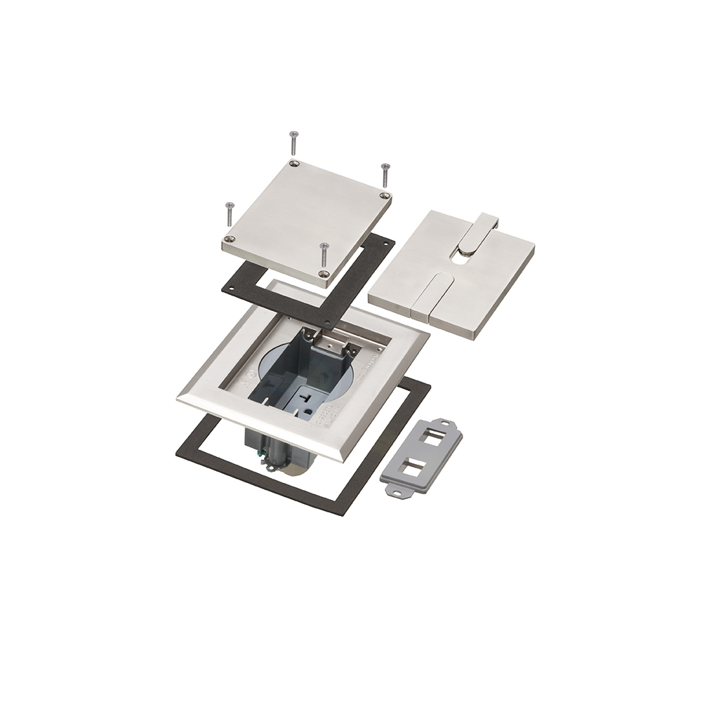 Plated Nickel, single gang frame, blank and slotted covers. Includes single gang recessed frame with gasket and installed 20A receptacle, colored insert, low voltage keystone insert, gasketed blank cover with mounting screws, dual slotted in-use cover with removable tabs.