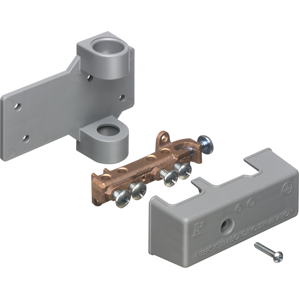 Intersystem grounding bridge, has 4 termination points, one more than required by the NEC. Cable range 4 termination points for #4 to #14 solid or stranded. Attaches to grounding conductor with lay in style lug with a cable range of #6 to #2 grounding wire solid or stranded. Bronze with white Cover. Comes with PVC adapter for 1/2" PVC pipe.