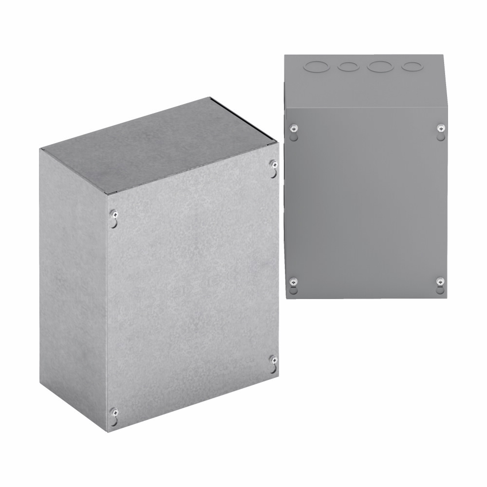 Type 1 junction boxes, 8" height, 8" length, 4" width, NEMA 1, Screw cover, SC enclosure, Surface mounted, Small single door, 4 side knockouts,4 top-bottom knockouts, Thru holes, Carbon steel