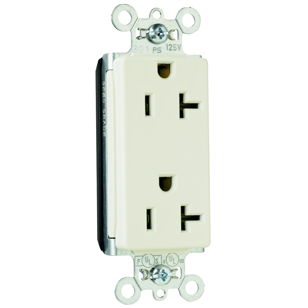 PlugTail Decorator Spec Grade Duplex Receptacle 20amp 125volt Light Almond