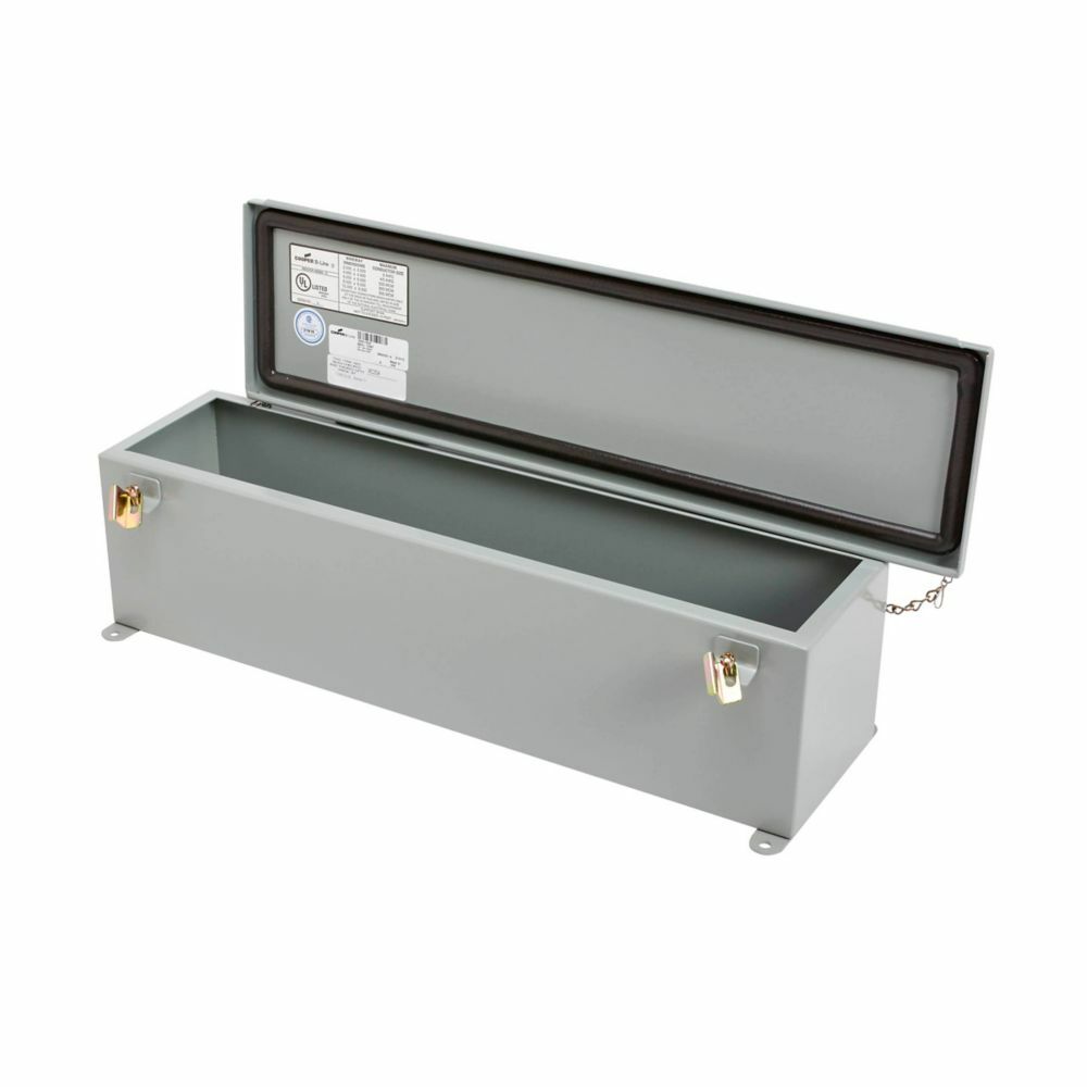 Eaton B-Line series wiring trough, 4" height, 36" length, 4" width, 12WT wiring trough, Welded external mounting feet, Hinged cover, NEMA 12, Steel, Seamless poured in-place, Hinged, Gray, 14 gauge