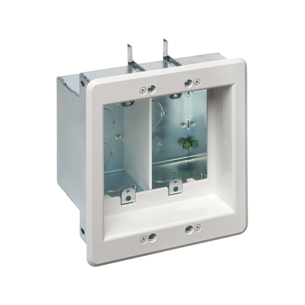 Two gang Recessed Steel TV BOX. For new or existing construction and comes with a low voltage divider and a black trim plate.
