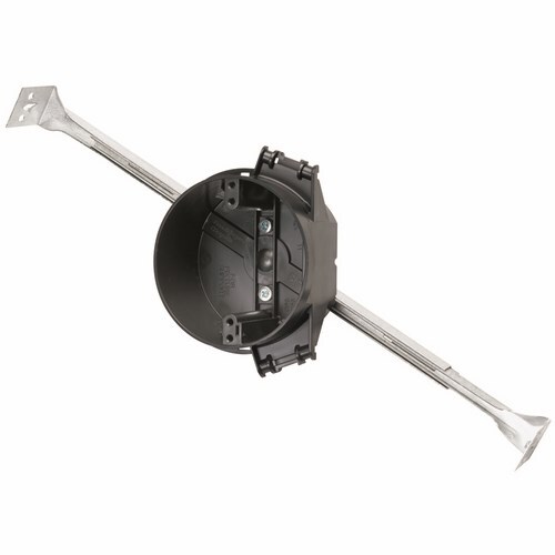 4 Round Ceiling Box with abar hanger that adjusts to 16or 24 joist spacing.It has four Auto/Clamps. It is constructed with impact-resisitant Noryl thermoplastic, making it virtually unbreakable and non-conductive. Its depth-mounting gauge at bottom of bracket helps you align the box at the proper depth relative to the ceiling. 50 pack.