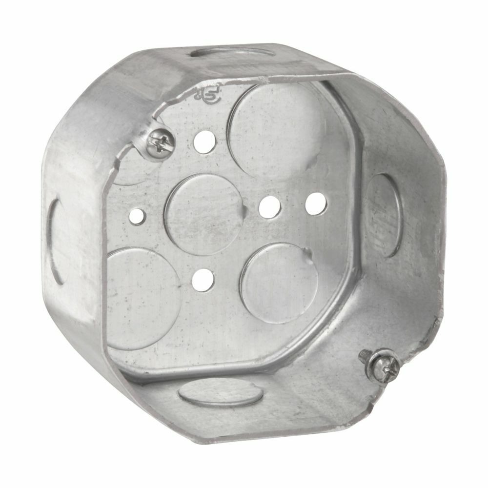 Eaton Crouse-Hinds series Octagon Outlet Box, (3) 1/2", (2) 3/4", 4", Conduit (no clamps), 2-1/8", Steel, (4) 1/2", Fixture rated, 21.5 cubic inch capacity
