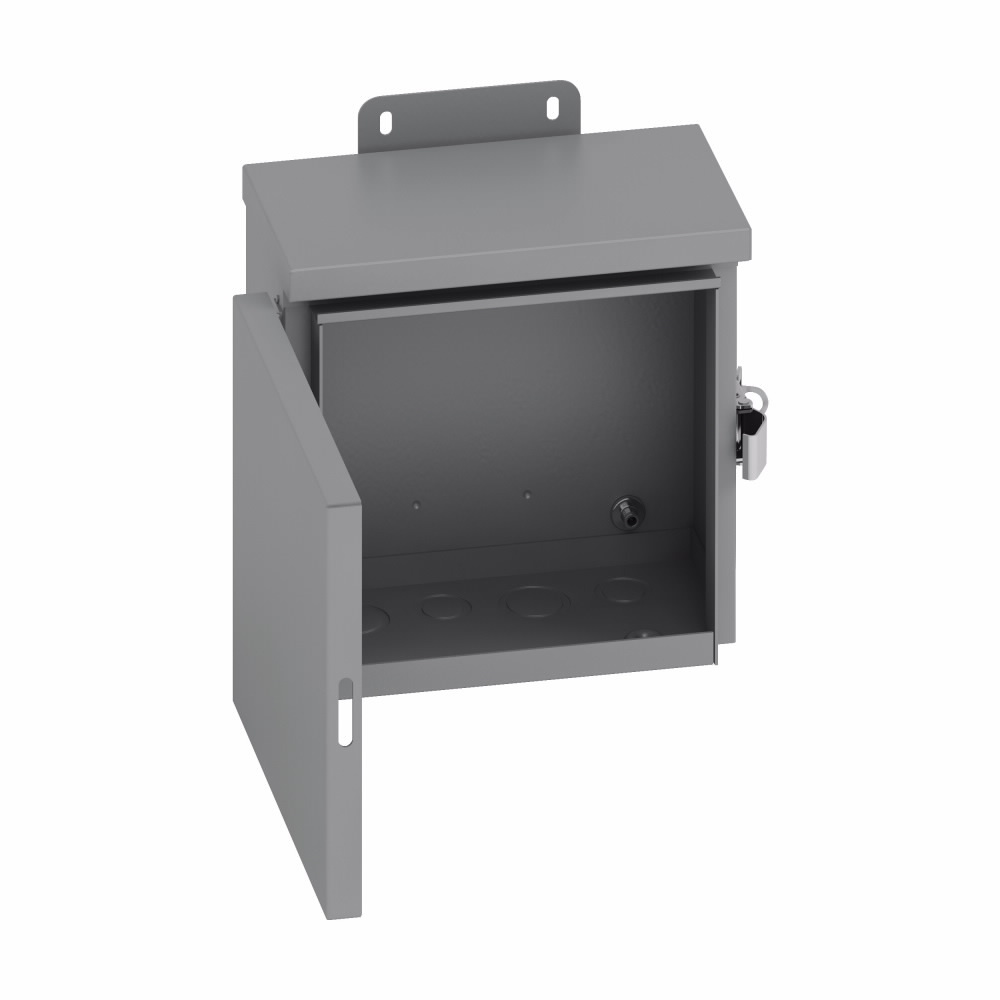 Type 3/3R panel enclosures, 8" height, 4" length, 6" width, NEMA 3R, Hinged cover, RHC enclosure, Wall mount, Small single door, 3 bottom knockouts, External mounting feet, Carbon steel