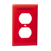 1-Gang Duplex Device Receptacle Wallplate, Standard Size, Thermoplastic Nylon, Device Mount, Hot Stamped "Emergency", Red