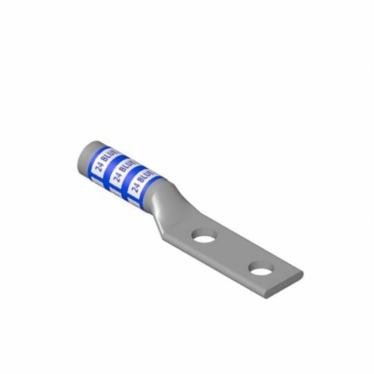 Copper Two-Hole Lug, Long Barrel, Blind End, Max 35kV, Wire Size 3/0 AWG, 1/2 Inch Bolt Size, 1-3/4 Inch Hole Spacing, Tin Plated, Die Code 50, Die Color Code Orange