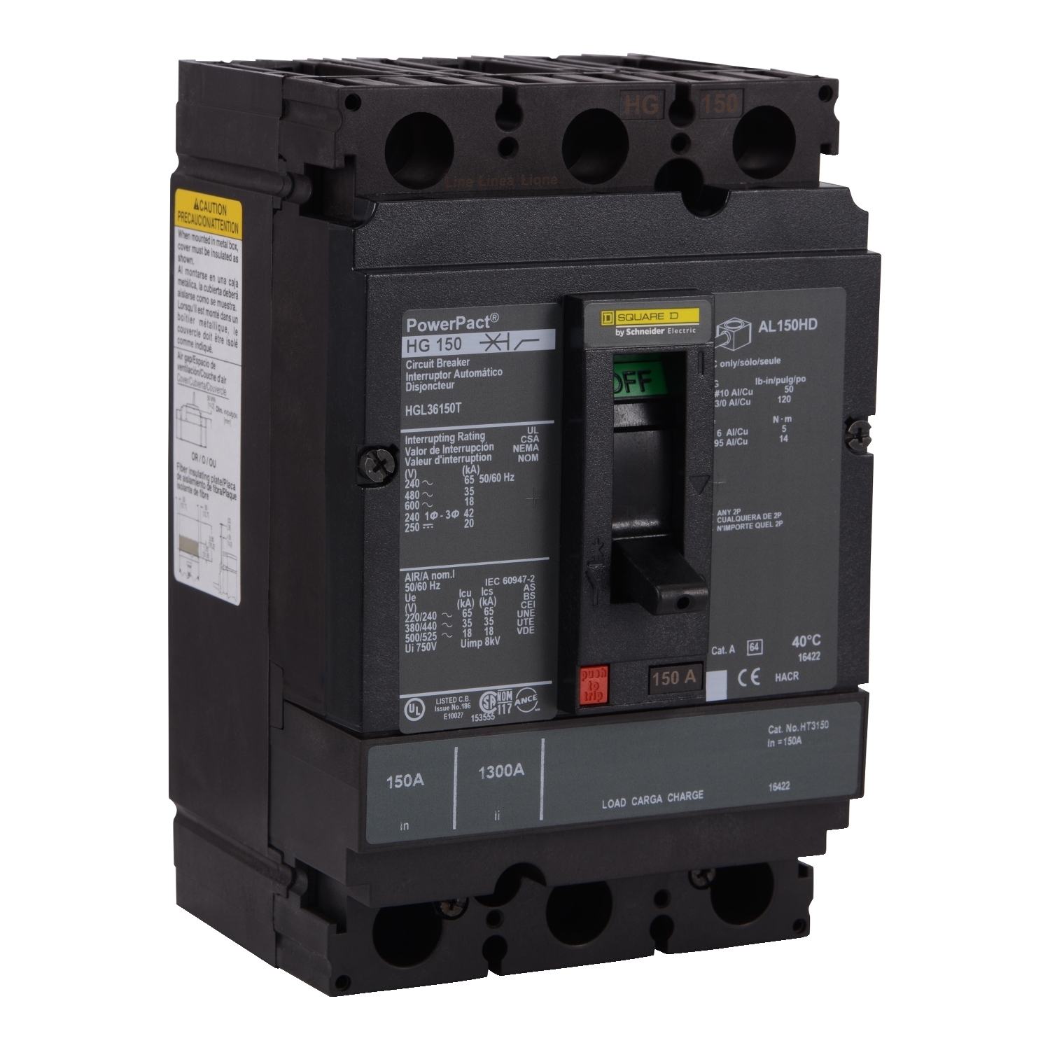 Circuit breaker, PowerPacT H, 150A, 3 pole, 600VAC, 18kA, lugs, thermal magnetic, 80%, interchangeable trip unit