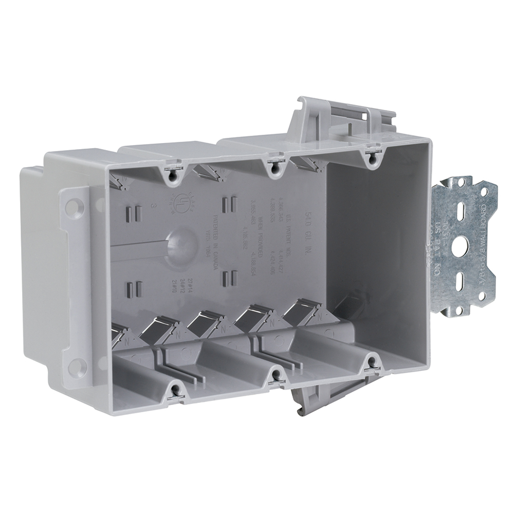 Triple Gang, Wood and Steel Stud Bracket Box with Quick/Click. 3/8 offset for wood and steel stud mounting. Six Auto/Clamps on each end. For use with 3/8 to 5/8 wallboard.