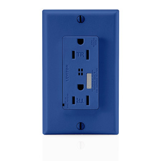 15-Amp, 125-Volt, Tamper-Resistant, Decora Plus Duplex Receptacle, Straight Blade, Commercial Grade, Self Grounding, Blue