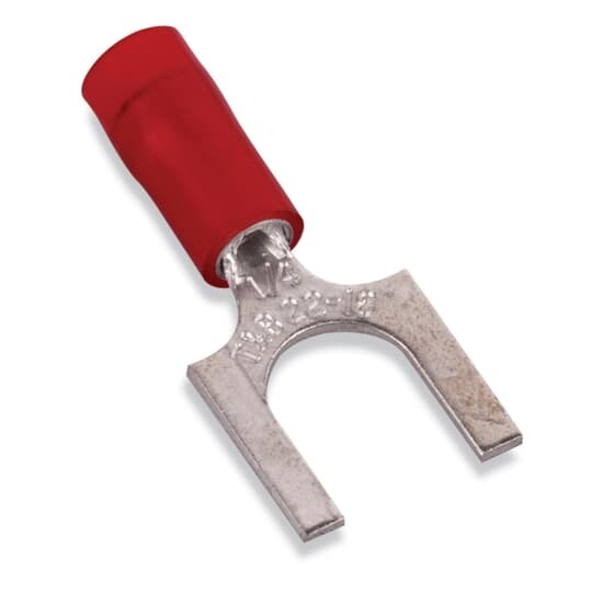 Nylon Insulated Fork Terminal, Length .95 Inches, Width .44 Inches, Maximum Insulation .136, Bolt Hole 1/4 Inch, Wire Range #22-#16 AWG, Color Red, Copper, Tin Plated