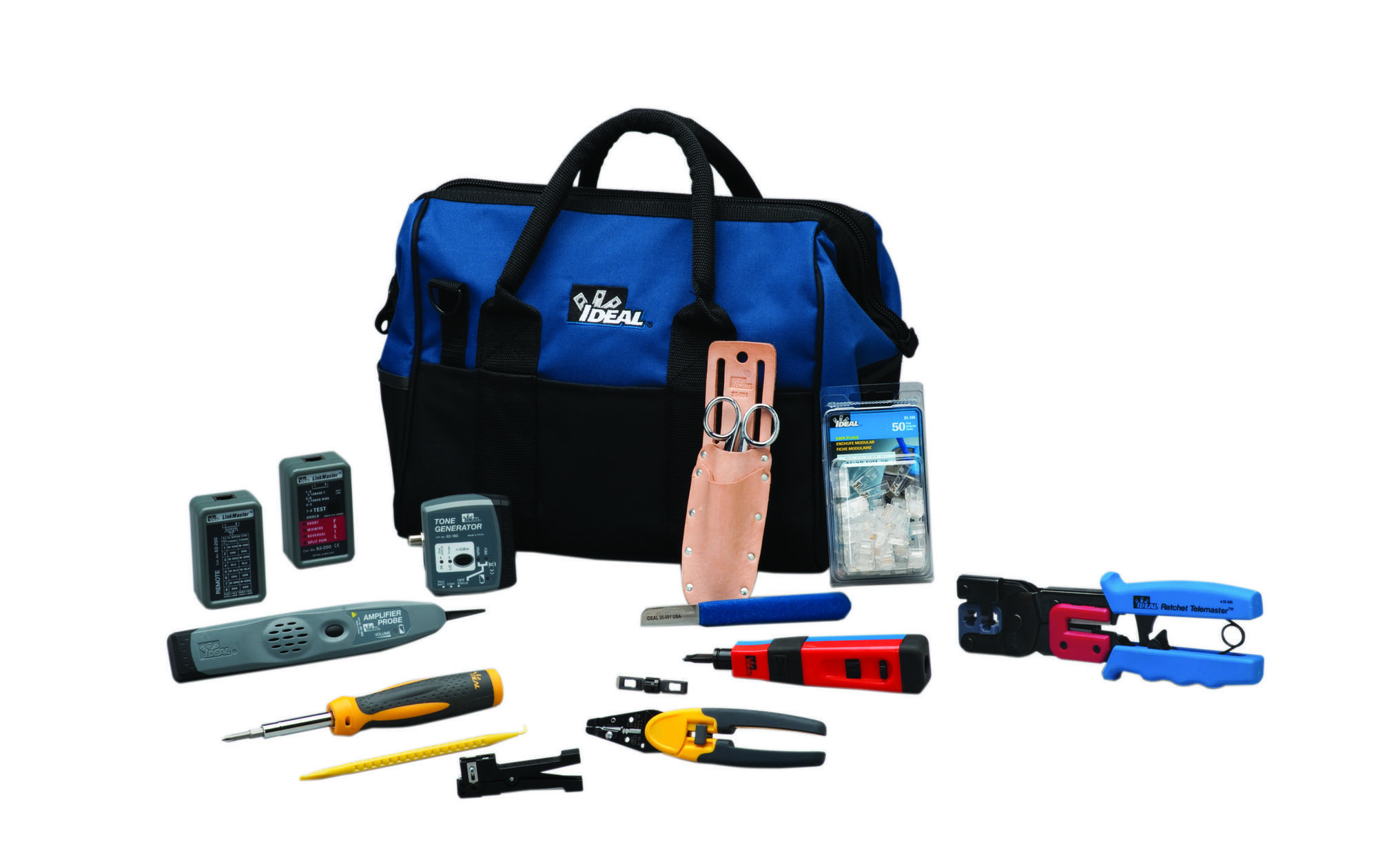 IDEAL, Master Series Network Service Kit, Network, Includes: (1) 30-696 Ratchet Telemaster, (1) 35-485 Punchmaster II Punch Down Tool With 110 Blade, (1) 35-473 Probe Pick & Spudger, (1) 45-165 Coaxial Stripper, 3/16 Inch To 5/16 Inch, (1) 35-093 Cable Splicing Kit, (1) 35-497 Replacement Blade, Punchmaster II Turn-Lock Style 66 Blade, (1) 62-200 LinkMaster Tester, (1) 35-908 7-in-1 Twist-a-Nut Screwdriver/Nutdriver, (1) 33-864 Tone Generator And Amplifier Probe Kit, (1) 62-096 Smart6 Modular Tester, (1) 45-719 Kinetic T-Stripper/Tel Crimp Tool, (1) 85-396 8-Position 8-Contact Round Solid, (RJ-45) (Package of 50) 50, (1) 35-410 Large Mouth Bag - 13 IN long