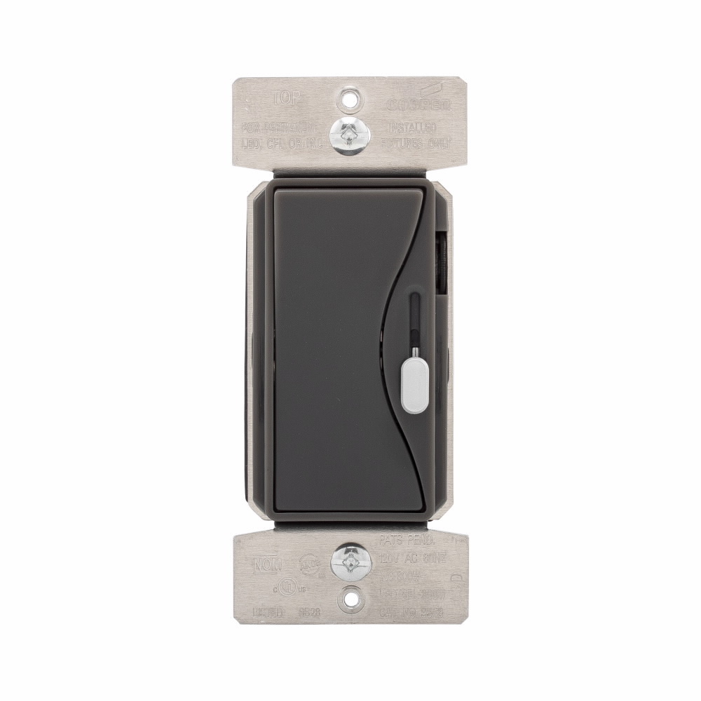 Eaton LED and CFL dimmer, No neutral required, #14 -12 AWG, Flush, 120 Vac, Back and side, Maintained, Silver granite, 60 Hz, LED, CFL, Single-pole, Three-way, Single-phase, Polycarbonate, 300W 726569