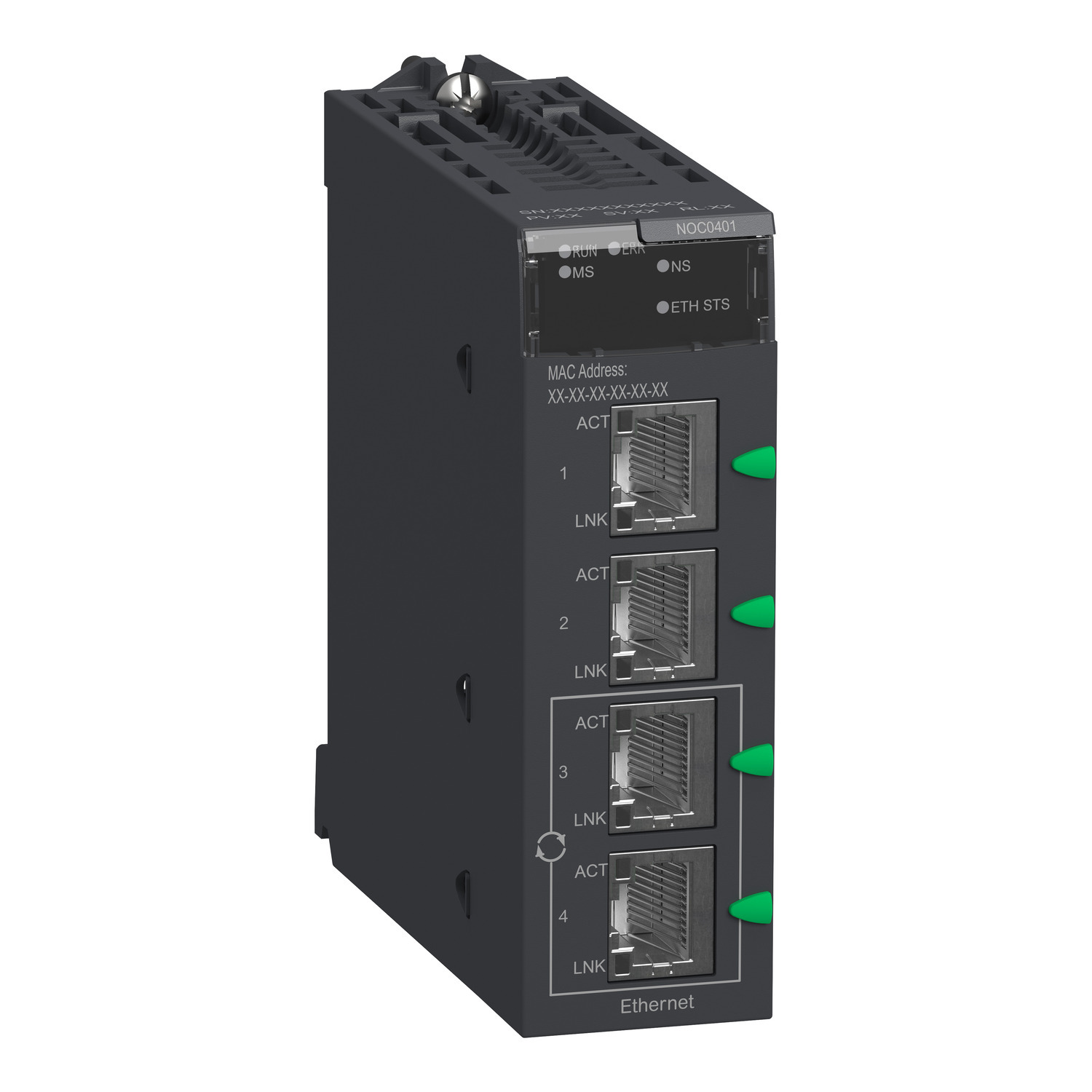 network module, Modicon M340, EtherNet/IP and Modbus/TCP, 4 x RJ45
