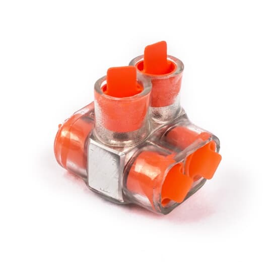 Aluminum Multi-Tap Encapsulated Cable Blocks, Two-Way Configuration, Wire Range 2/0 kcmil-14 Str, Hex Size 3/16 Inch, Length 1.63 Inches, Width 1.68 Inches, Height 1.63 Inches, Outlets 2, Clear Insulation
