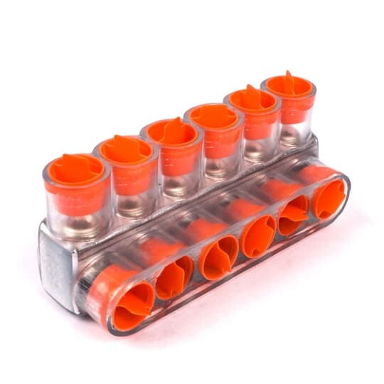 Aluminum Multi-Tap Encapsulated Cable Blocks, One-Way Configuration, Wire Range 2/0-14 Str, Hex Size 3/16 Inch, Length 4.53 Inches, Width 1.50 Inches, Height 1.63 Inches, Outlets 6, Clear Insulation