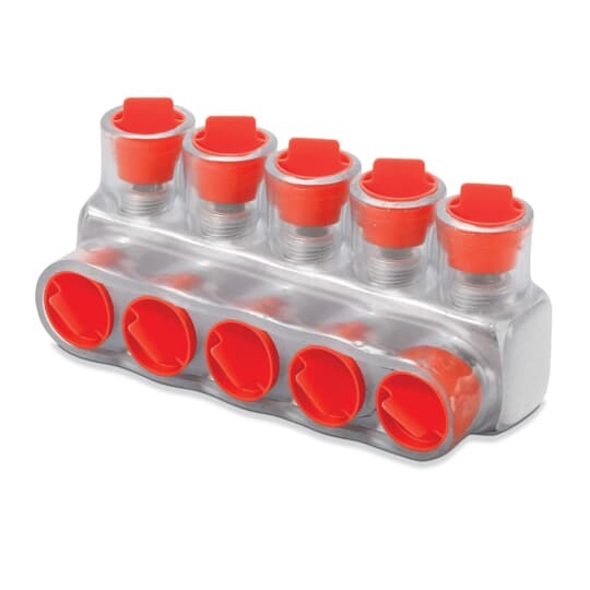 Aluminum Multi-Tap Encapsulated Cable Blocks, One-Way Configuration, Wire Range 250 kcmil-6 Str, Hex Size 5/16 Inch, Length 2.12 Inches, Width 2.13 Inches, Height 2.13 Inches, Outlets 2, Clear Insulation
