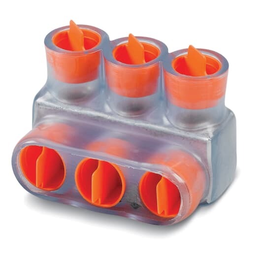Aluminum Multi-Tap Encapsulated Cable Blocks, One-Way Configuration, Wire Range 250 kcmil-6 Str, Hex Size 5/16 Inch, Length 3.09 Inches, Width 2.13 Inches, Height 2.13 Inches, Outlets 3, Clear Insulation