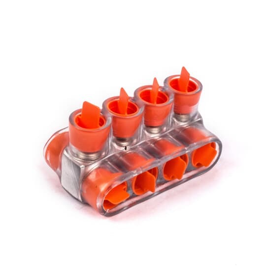 Aluminum Multi-Tap Encapsulated Cable Blocks, Two-Way Configuration, Wire Range 250 kcmil-6 Str, Hex Size 5/16 Inch, Length 4.06 Inches, Width 2.64 Inches, Height 2.13 Inches, Outlets 4, Clear Insulation