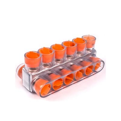 Aluminum Multi-Tap Encapsulated Cable Blocks, Two-Way Configuration, Wire Range 250 kcmil-6 Str, Hex Size 5/16 Inch, Length 6.0 Inches, Width 2.64 Inches, Height 2.13 Inches, Outlets 6, Clear Insulation