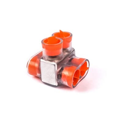 Aluminum Multi-Tap Encapsulated Cable Blocks, Two-Way Configuration, Wire Range 350 kcmil-10 Str, Hex Size 3/8 Inch, Length 2.22 Inches, Width 3.0 Inches, Height 2.50 Inches, Outlets 2, Clear Insulation