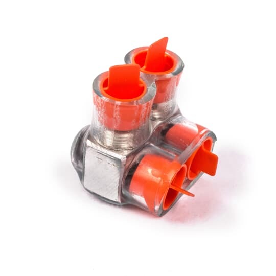 Aluminum Multi-Tap Encapsulated Cable Blocks - One-Way Configuration, Wire Range 4-14 Str, Screw Size Slotted, Length 1.15 Inches, Width 1.25 Inches, Height 1.25 Inches, Outlets 2, Clear Insulation