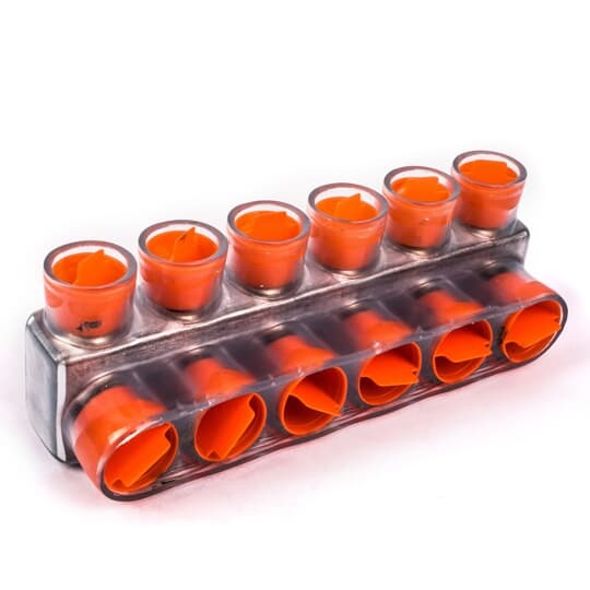 Aluminum Multi-Tap Encapsulated Cable Blocks - One-Way Configuration, Wire Range 500 kcmil-6 Str, Screw Size 5/16 Hex, Length 2.71 Inches, Width 2.38 Inches, Height 2.75 Inches, Outlets 2, Clear Insulation