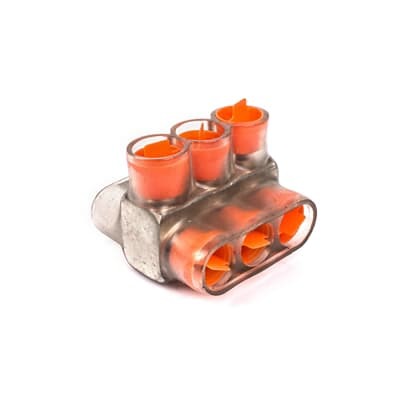 Aluminum Multi-Tap Encapsulated Cable Blocks, Two-Way Configuration, Wire Range 500 kcmil-4 Str, Hex Size 3/8 Inch, Length 3.99 Inches, Width 3.0 Inches, Height 2.75 Inches, Outlets 3, Clear Insulation