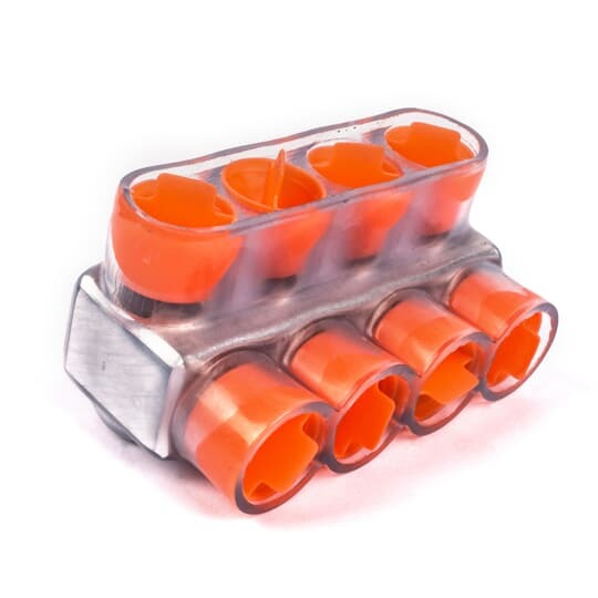 Aluminum Multi-Tap Encapsulated Cable Blocks, One-Way Configuration, Wire Range 500 kcmil-6 Str, Hex Size 5/16 inch, Length 5.26 Inches, Width 2.38 Inches, Height 2.75 Inches, Outlets 4, Clear Insulation