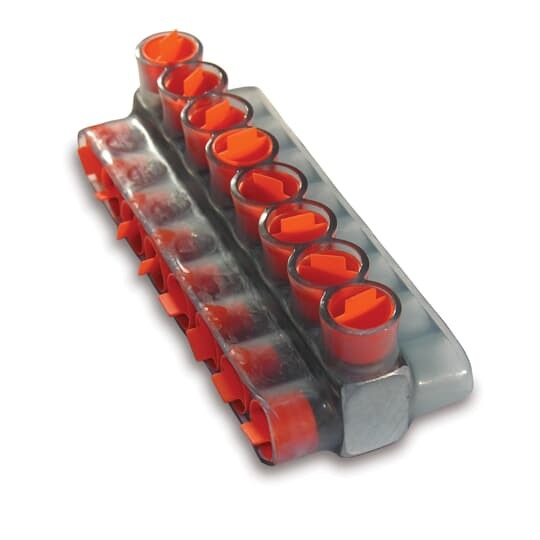 Aluminum Multi-Tap Encapsulated Cable Blocks, Two-Way Configuration, Wire Range 500 kcmil-4 Str, Hex Size 3/8 Inch, Length 6.53 Inches, Width 3.0 Inches, Height 2.75 Inches, Outlets 5, Clear Insulation