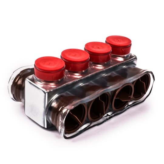 Aluminum Multi-Tap Encapsulated Cable Blocks, Two-Way Configuration, Wire Range 750-1/0, Hex Size 3/8 Inch, Length 5.81 Inches, Width 3.13 Inches, Height 2.38 Inches, Outlets 4, Clear Insulation